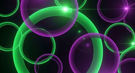 3D Glowing Neon Green and Purple Floating Rings Abstract Art