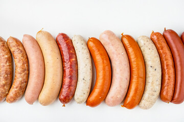Various sausages prepared for grilling and frying