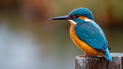 Obraz premium Vibrant Kingfisher Bird Perched on Wooden Post in Nature