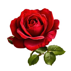 A red rose opens fully with green leaves around it on a white surface. This flower shows natural beauty and detail
