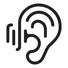 Clean vector illustration of human ear icon with curved radio waves indicating sound reception on plain light grey background design