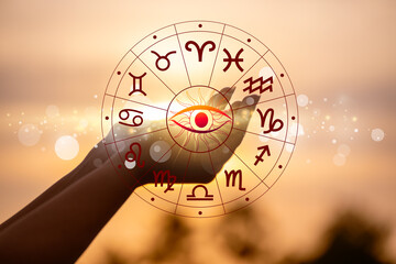 Zodiac signs, astrology and horoscopes concepts. Zodiac signs inside of horoscope circle. Astrology in the sky with many stars and moons astrology and horoscopes concept