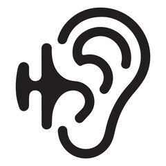 Stylized black vector illustration of human ear merged with flowing organic sound wave representing deep immersive auditory experience and sound integration abstract concept