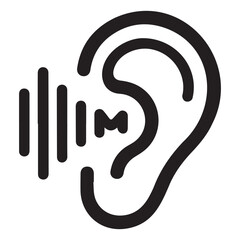 Line art symbol showing sound entering ear canal with letter m inside representing noise or voice input concept