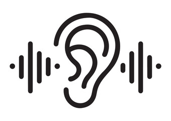 Minimalist line art icon representing hearing sound waves entering human ear for concept of audio reception