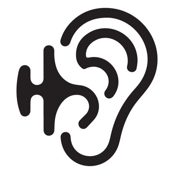 Stylized black vector illustration of human ear merged with flowing organic sound wave representing deep immersive auditory experience and sound integration abstract concept