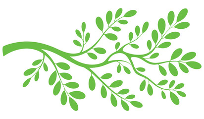Green leaf branch silhouette illustration with neon bright lime color design element isolated on white background for nature project
