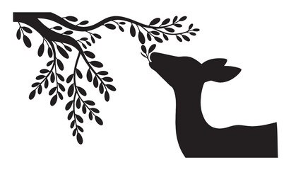 Deer head silhouette reaching for tree branch with leaves on white background for wildlife conservation and hunting forest graphics
