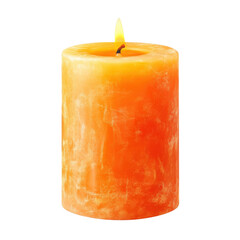 An orange candle burns softly, casting light in a dim space, highlighting its rustic texture and shape