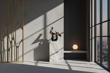 Abstract sculpture on marble pedestal in elegant minimalist room with sunlight through large window, interior design and modern art concept