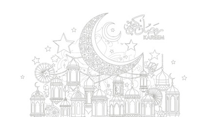 Fototapeta premium Delicate white line art illustration depicts a crescent moon stars lanterns and clouds in an intricate design perfect for ramadan eid or other festive occasions