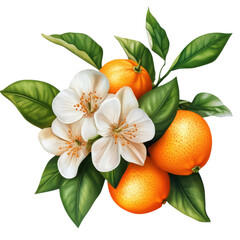 Oranges are shown with green leaves and white flowers in a bright arrangement that highlights their color and shape