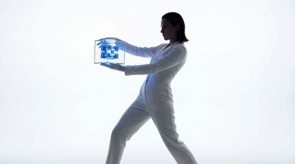 Futuristic archivist offering glowing blue cube in white studio