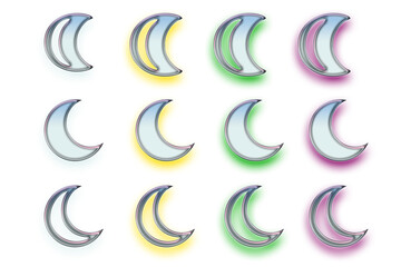 set of colorful abstract symbols. Neon and glossy moon set. Glowing neon moon isolated on transparent background. Shine glow light neon design elements. Banner, poster, card, wallpaper design elements
