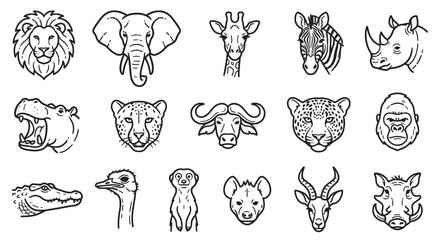 Line icons set of African safari wildlife animal portraits featuring lion, elephant, giraffe, zebra, rhino, hippo, leopard, buffalo, gorilla, crocodile, ostrich, meerkat and more