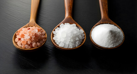 Variety of natural salts arranged in wooden spoons Himalayan pink salt crystal salt refined white salt in rustic wooden spoons on dark slate background studio