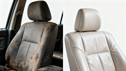 Side-by-side of a very dirty car seat next to a clean and restored leather car seat.