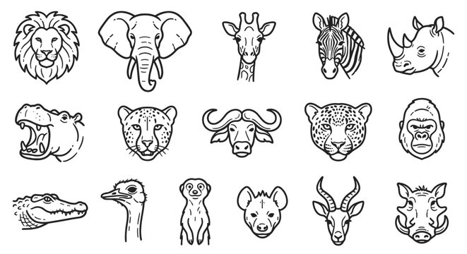 Line icons set of African safari wildlife animal portraits featuring lion, elephant, giraffe, zebra, rhino, hippo, leopard, buffalo, gorilla, crocodile, ostrich, meerkat and more