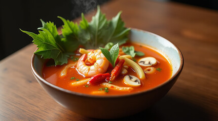 Thai tom yum soup served in a ceramic bowl, rich spicy broth with vibrant orange-red color