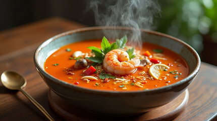 Thai tom yum soup served in a ceramic bowl, rich spicy broth with vibrant orange-red color