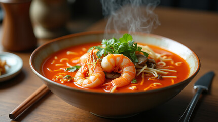 Thai tom yum soup served in a ceramic bowl, rich spicy broth with vibrant orange-red color