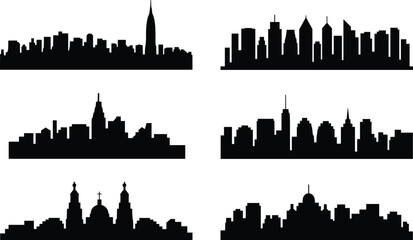 City skyline silhouette set with modern skyscrapers and iconic landmarks, black vector cityscape collection isolated on white for travel, business branding, posters, websites, apps