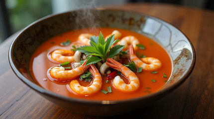 Thai tom yum soup served in a ceramic bowl, rich spicy broth with vibrant orange-red color