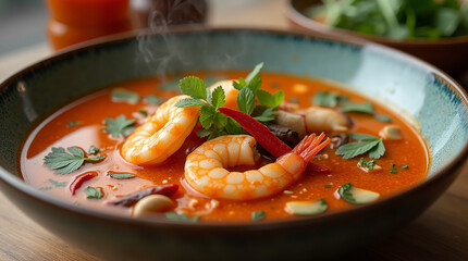 Thai tom yum soup served in a ceramic bowl, rich spicy broth with vibrant orange-red color