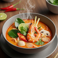 Thai tom yum soup served in a ceramic bowl, rich spicy broth with vibrant orange-red color