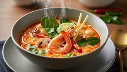 Thai tom yum soup served in a ceramic bowl, rich spicy broth with vibrant orange-red color