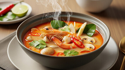 Thai tom yum soup served in a ceramic bowl, rich spicy broth with vibrant orange-red color