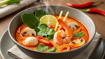 Thai tom yum soup served in a ceramic bowl, rich spicy broth with vibrant orange-red color