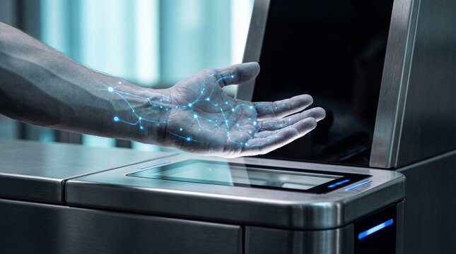 Hand scanning palm with glowing blue biometric veins in security pod