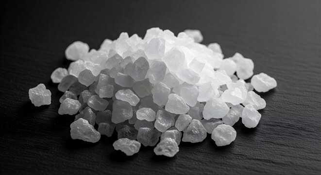 Pile of crystalline sea salt on black surface that provides essential minerals and electrolyte balance for body functions in raw and unrefined format