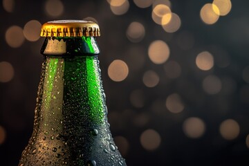 Close-up of a Cold Green Beer Bottle with Condensation, Golden Cap, and Bokeh Background