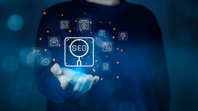 SEO and digital marketing concept showing global search optimization, website ranking, analytics and online business growth icons. - Powered by Adobe