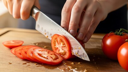 Slicing Fresh Tomatoes on a Cutting Board in Kitchen for Salad Preparation