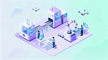 Automated factory with workers and drones