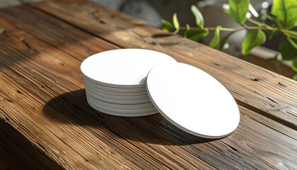 Stack of blank white round coasters on a rustic wooden table with green leaves in the background.