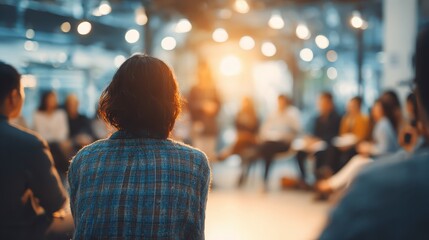 Blurred shot of support group therapy session indoors with lights. For illustrating mental health, teamwork, and company collaboration.