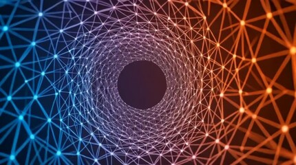 Glowing network tunnel made of interconnected nodes and lines, abstract rotating mesh vortex with blue to orange gradient, futuristic digital geometry animation loop on dark technology background - Powered by Adobe