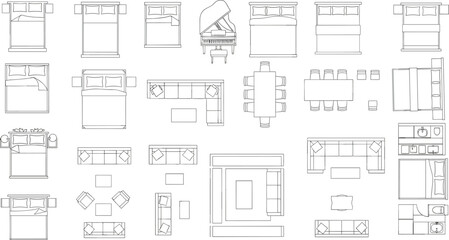 Furniture floor plan symbols set top view beds sofas dining tables piano kitchen bathroom interior design vector outline illustration residential layout © Hello World