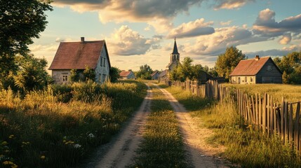 Fototapeta premium Serene Village Lane at Sunset with Rustic Houses and Church