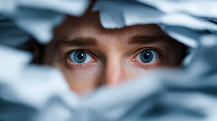 Intense blue eyes stare from paper hole, direct eye contact. Ideal for concepts like fear, hiding, or seeking answers now.