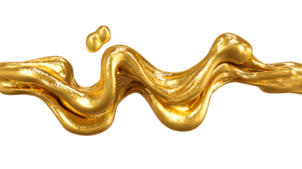 A stretchy blob of viscous gold slime with elastic properties flows across a white background with a smaller glob detached and floating above