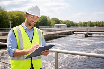 Environmental worker auditing wastewater treatment compliance protocols with copy space