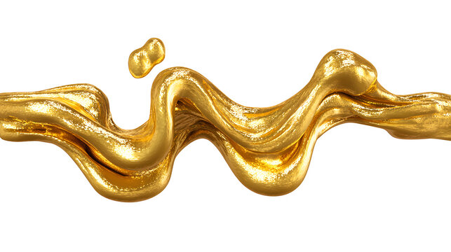 A stretchy blob of viscous gold slime with elastic properties flows across a white background with a smaller glob detached and floating above