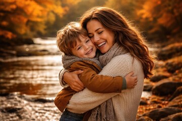 Fototapeta premium Cheerful mother holding her son tightly by a river with autumn colors