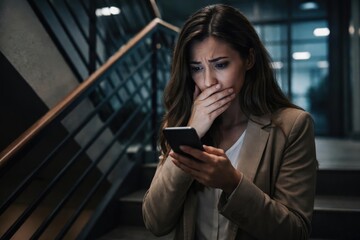 Anxious female victim of cyber harassment reading phone text near office stairs with copy space