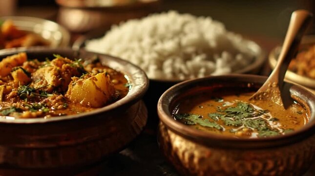 Bengali Thali Meal Rice Curry Dal Served in Traditional Clay Pots